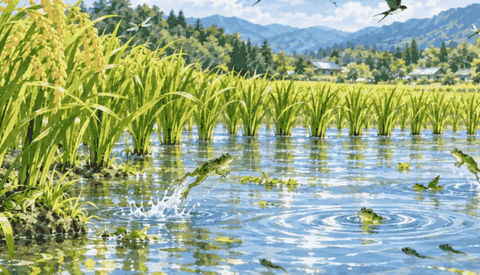 Animated rice paddy with jumping frogs, dragonflies and swallows at an Okayama Natural Farming field